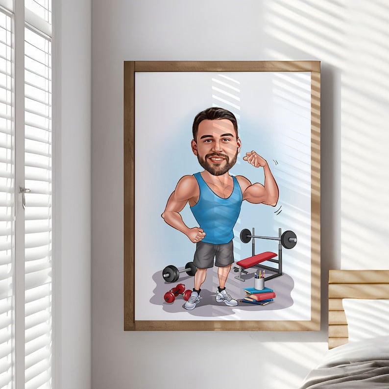 Custom Gym Fitness Cartoon Caricature, Gym Caricature Drawing from Photo, Funny Caricature, Weight Lifter Caricature, Gift for Weightlifter