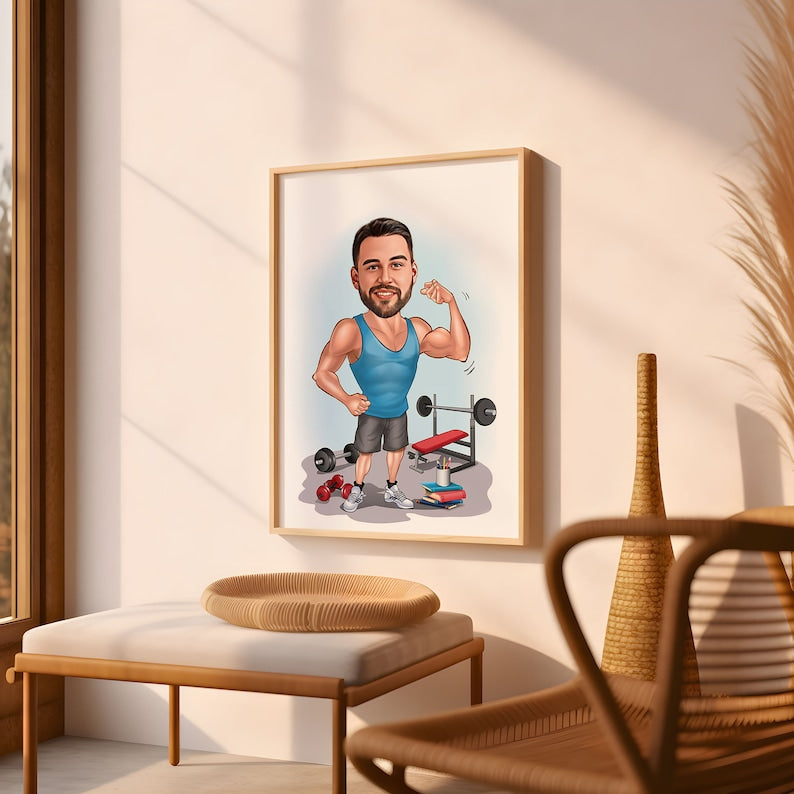 Custom Gym Fitness Cartoon Caricature, Gym Caricature Drawing from Photo, Funny Caricature, Weight Lifter Caricature, Gift for Weightlifter