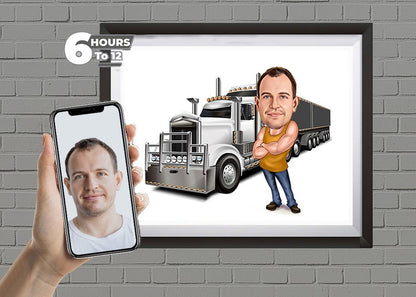 Personalized Truck Driver Cartoon Portrait, Custom Truck Driver Caricature Drawing from Photo, Funny Truck Driver, Gift for Truck Driver