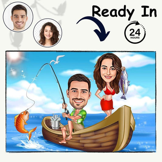 Custom Couple Fishing Caricature, Personalized Fisherman Caricature From Photo, Fisherman Gifts For Husband, Custom Digital Cartoon Portrait