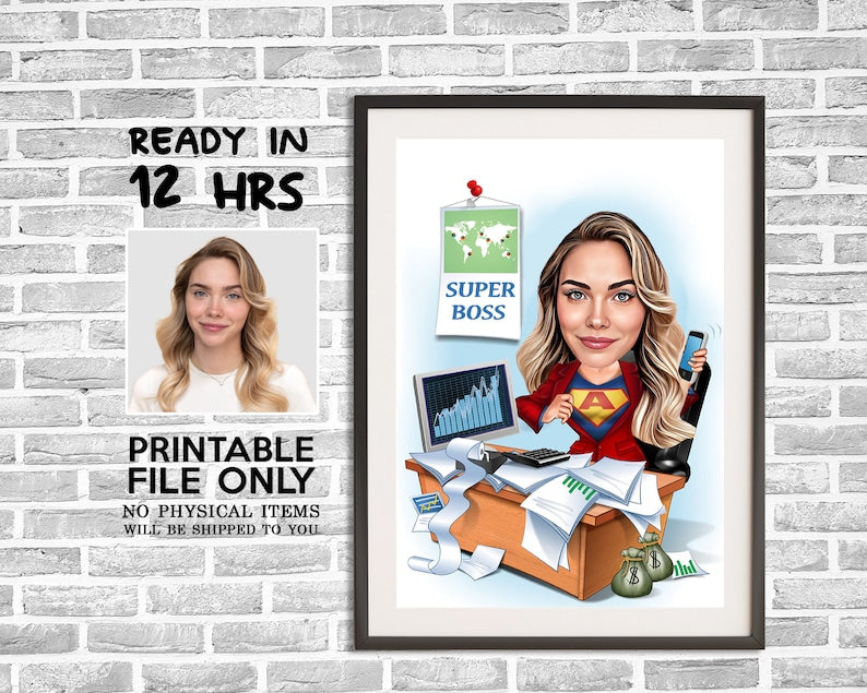 Female Super Boss Caricature from Photo, Boss for Women Caricature, Digital Portrait, Boss Gift Super Boss Drawing Art Funny Boss