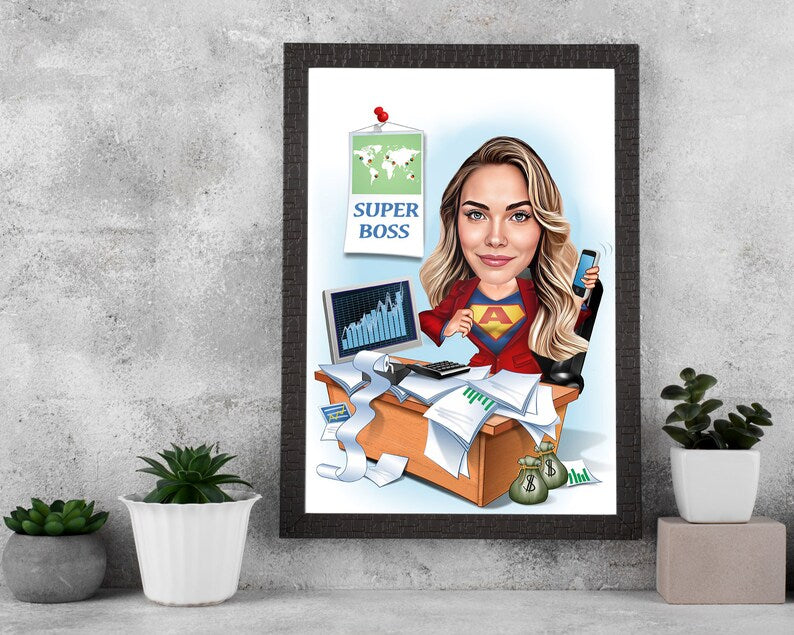 Female Super Boss Caricature from Photo, Boss for Women Caricature, Digital Portrait, Boss Gift Super Boss Drawing Art Funny Boss