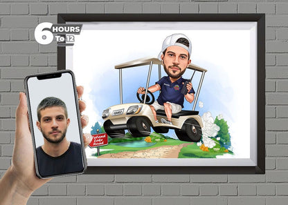 Golf Cart Caricature, Custom Golf Portrait with Cart, Personalized Gift for Golfer, Fun Retirement or Birthday Artwork for Him or Her