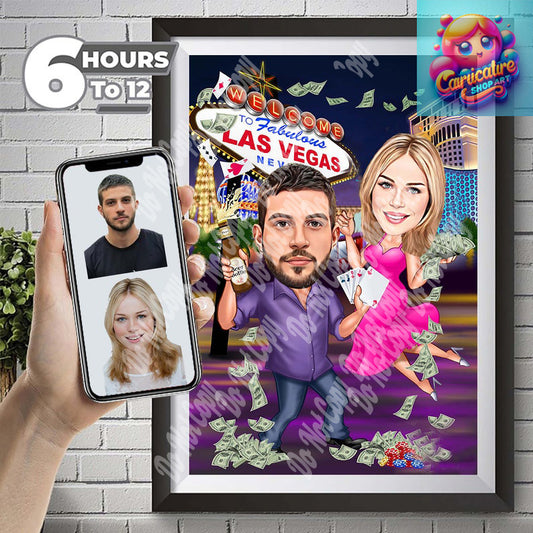 Custom Couple Cartoon Portrait in Vegas, Las Vegas Couple Caricature, Couple Gift, Couple Caricature, Family Portrait, Custom Caricature