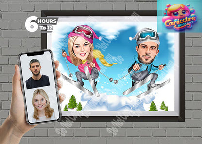 Skiing Caricature for Couple in Vegas, Wedding Cartoon, Gift for Couple, Wedding Caricature from Photo, Las Vegas Wedding Caricature, Vegas