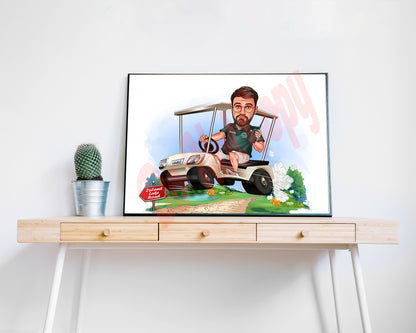 Golf Cart Caricature, Custom Golf Portrait with Cart, Personalized Gift for Golfer, Fun Retirement or Birthday Artwork for Him or Her
