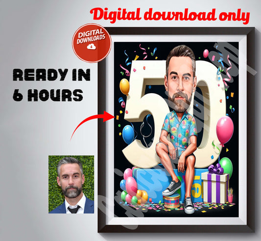 50th Birthday Caricature Gift Custom Personalized Illustration Unique Milestone Celebration Fun & Memorable Keepsake can Create for any age