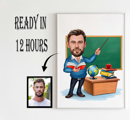 Personalized Male Teacher Cartoon, Funny Teacher Caricature, Photo-Based Teacher Caricature, Present Teacher, Teacher Selfie, Cartoon Teacher