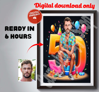 50th Birthday Caricature for Him Custom Birthday Gift Cartoon Portrait from Photo Happy Birthday Caricature Gift Drawing 50th Birthday Gift