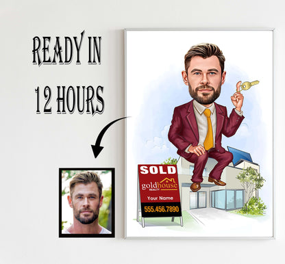 Custom Realtor Cartoon Portrait, Realtor Caricature, Realtor Gift, Real Estate Cartoon, Realtor Portrait from Photo