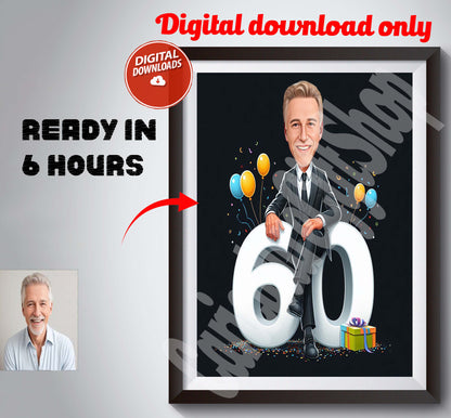 Customized 60th Birthday Caricature from Photos, Happy Birthday Cartoon Portrait Gift, Happy 60th Birthday, Caricature from photo