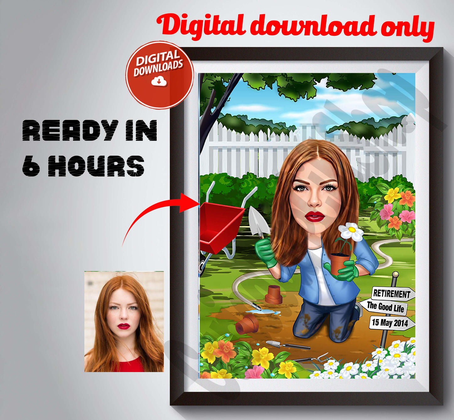 Personalised Gardening Cartoon Portrait, Custom Gardener Caricature Drawing, Funny Caricature, Gift for Her, horticulture, horticultural,