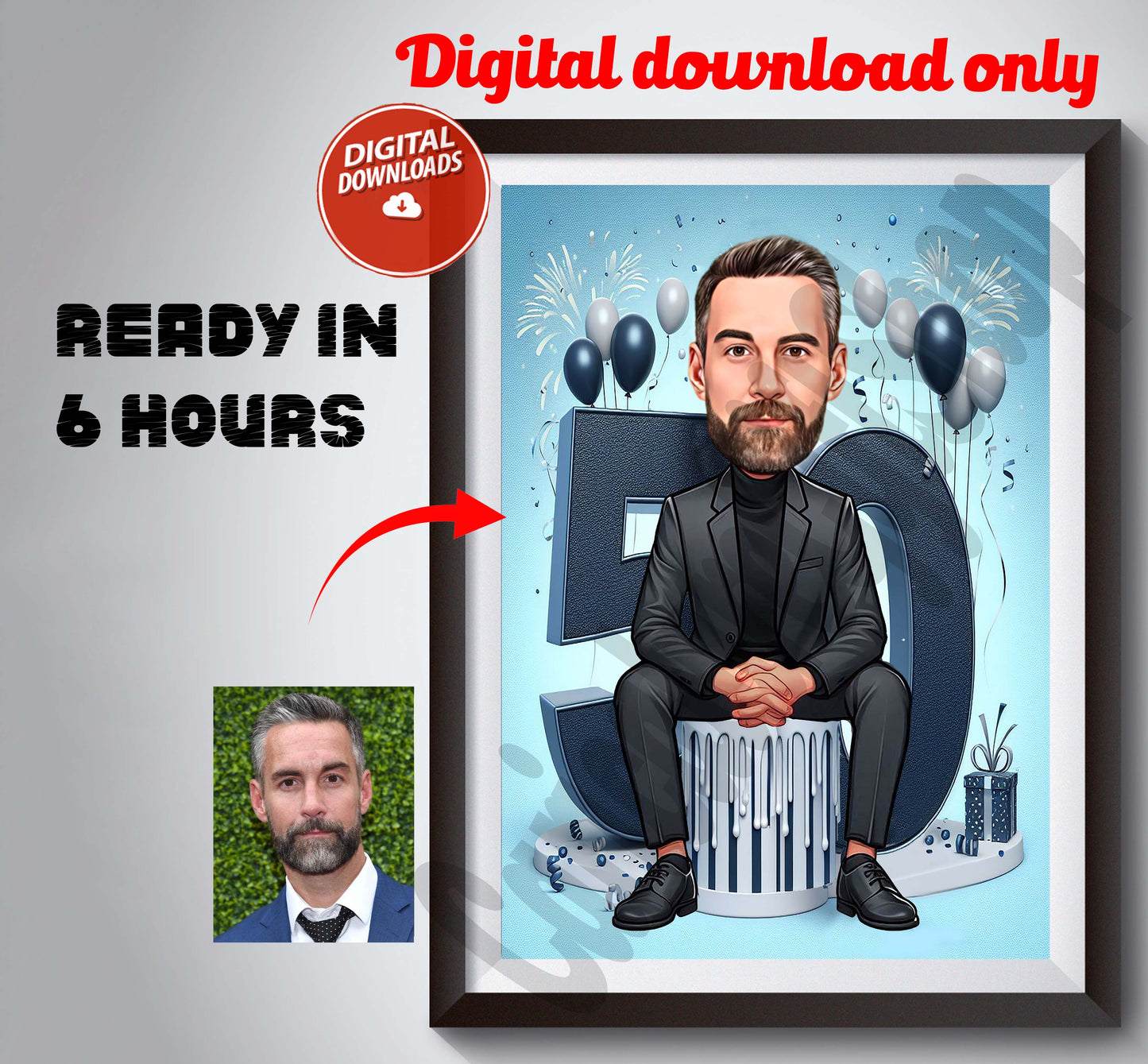 Personalized 50th Birthday Caricature from Photos, Happy Birthday Cartoon Portrait Gift, Happy 50th Birthday, Caricature from photo