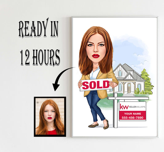 Custom Female Realtor Cartoon Portrait, Gift for Realtor, Caricature from Photo
