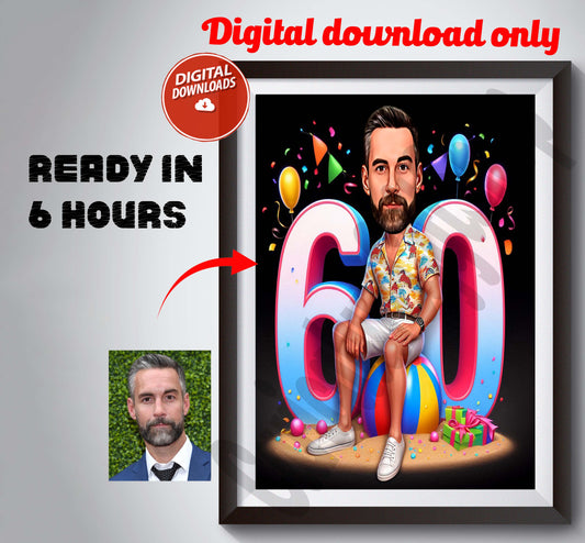 Custom 60th Birthday Beach theme Caricature from Photos Happy Birthday Cartoon Portrait Gift Any Birthday Frame, Caricature from Photo