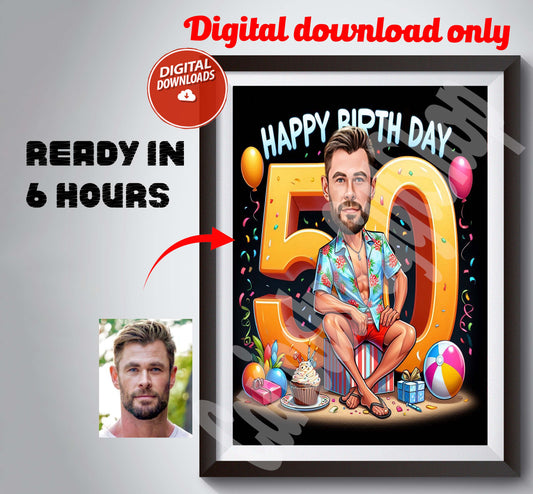 Custom 50th Cartoon Portrait, Custom Happy Birthday Caricature Drawing, Funny Caricature, Gift for Her, Happy 40th 50th, 60th 70th