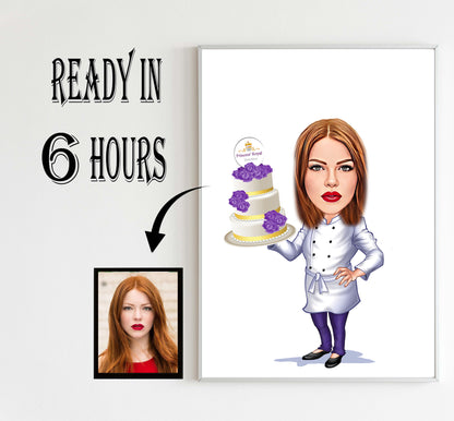 Custom Woman Chef Cartoon Portrait, Chef Caricature, Gift for Chef, Chef Cartoon, Funny Chef Gift, Custom Caricature from Photo, Chef Gift