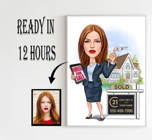 Female Realtor Cartoon Gift, Custom Female Real Estate Agent Caricature Portrait, Digital Download