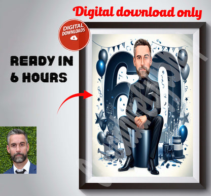 60th Birthday Caricature Gift Custom Personalized Illustration Unique Milestone Celebration Fun & Memorable Keepsake can Create for any age