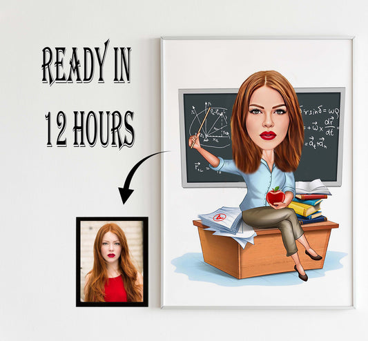 Physics Teacher Cartoon Portrait, Physics Teacher Caricature, Gift for Female Physics Teacher, Funny Physics Teacher Caricature from Photo