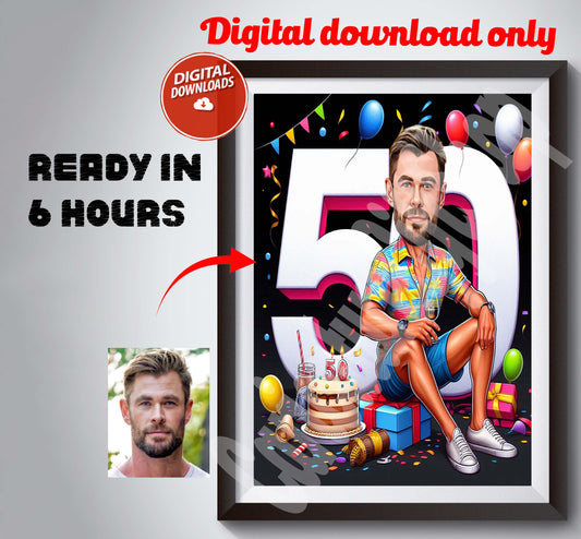 Customized 50th Birthday Caricature from Photos, Happy Birthday Cartoon Portrait Gift, Happy 50th Birthday, Caricature from photo.