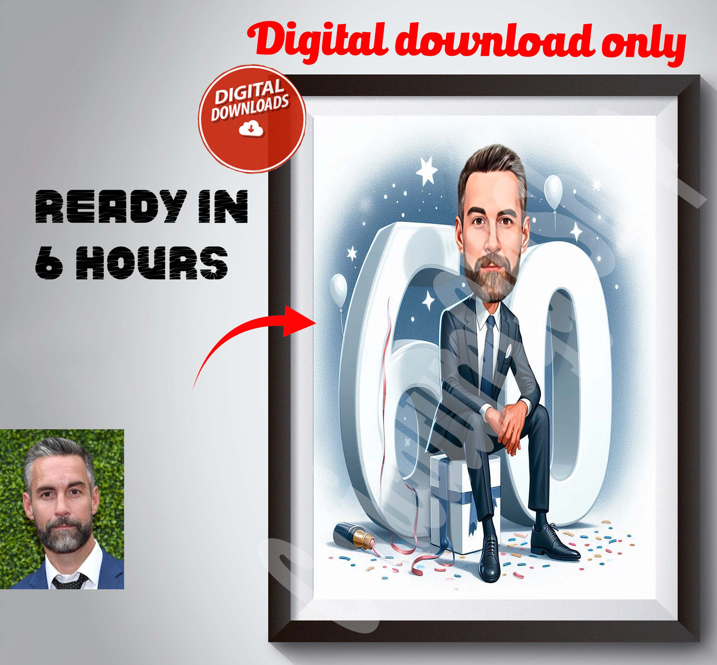 60th Birthday Caricature  Cartoon Birthday Caricature Birthday Gift for Man Husband Women Caricature from Photo Custom Birthday