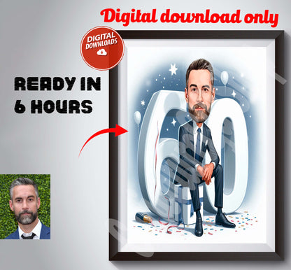 60th Birthday Caricature  Cartoon Birthday Caricature Birthday Gift for Man Husband Women Caricature from Photo Custom Birthday