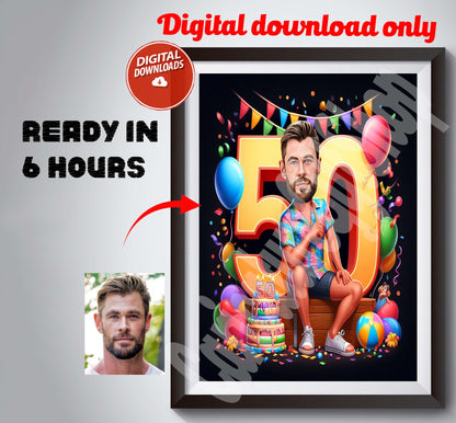 Customized 50th Birthday Caricature from Photos, Happy Birthday Cartoon Portrait Gift, Happy 50th Birthday, personalized 50th birthday gifts