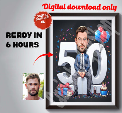 Custom 50th Birthday Caricature for Him Custom Birthday Gift Cartoon Portrait from Photo Happy Birthday Caricature Gift Drawing 40th Birthday Gift