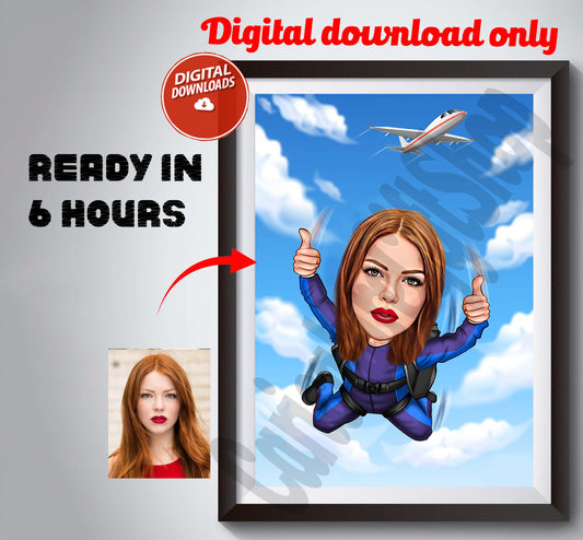 Custom Female Skydiver Cartoon Portrait, Skydiver Caricature, Skydiver Gift, Funny Skydiver Caricature, Skydiving Portrait, Caricature from Photo