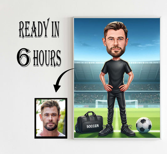 Custom Soccer Coach Caricature Portrait, Personalized Caricature Gift for Football Enthusiasts, Athletes, and Soccer Lovers, Unique Soccer Coach Caricature
