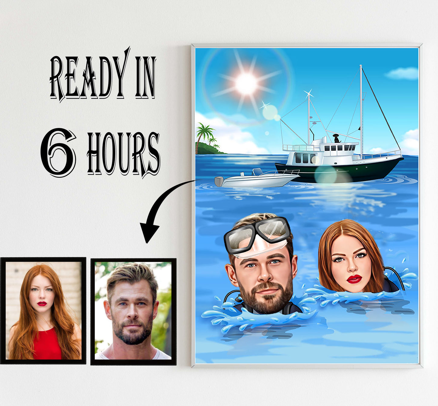 Custom couple swimming Portrait, Family Portrait, Gift for Family, Family Caricature, Caricature from Photo,