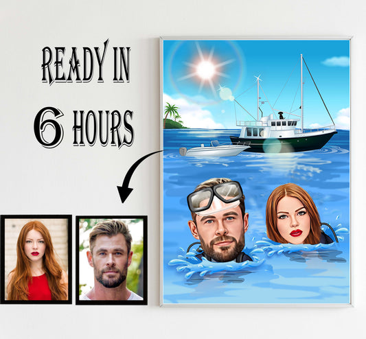 Custom couple swimming Portrait, Family Portrait, Gift for Family, Family Caricature, Caricature from Photo,