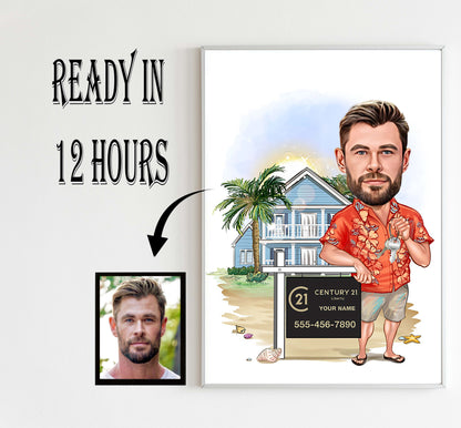 Realtor Caricature Gift, Custom Male Real Estate Agent Portrait, Real Estate Marketing Templates, Birthday Gift Ideas, Digital Download
