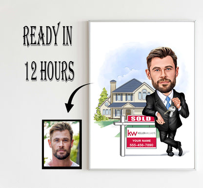 Personalized Male Real Estate Agent Portrait, Real Estate Marketing Templates, Birthday Gift Ideas, Digital Download Realtor Caricature Gift,