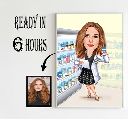 Female Pharmacist Gift for Women, Pharmacist Caricature from Photo, Pharmacist Drawing Art, Funny Pharmacist Portrait, Pharmacy Cartoon Draw