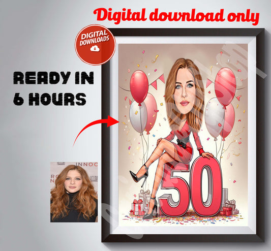 50th Birthday Caricature Gift Custom Personalized Illustration Unique Milestone Celebration Fun & Memorable Keepsake can Create for any age