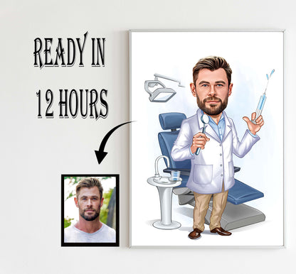 Custom Male Dentist Cartoon Portrait, Gift for Dentist, Funny Dentist Caricature