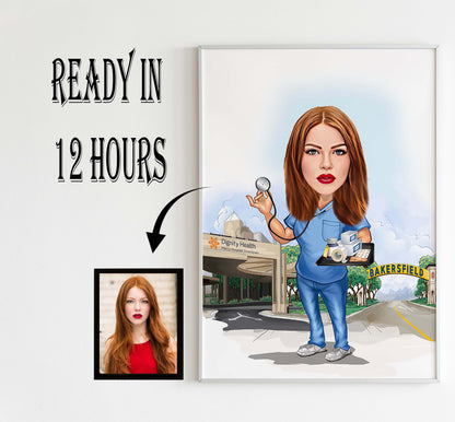 Personalized Female Nurse Cartoon Portrait, Custom Nurse Caricature Drawing from Photo, Funny Nurse Caricature, Gift for Nurse