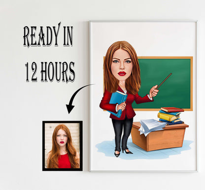 Teacher Gift: Funny Teacher Caricature, Personalized Female Teacher Cartoon, Teacher Portrait, Female Teacher Caricature from Photo