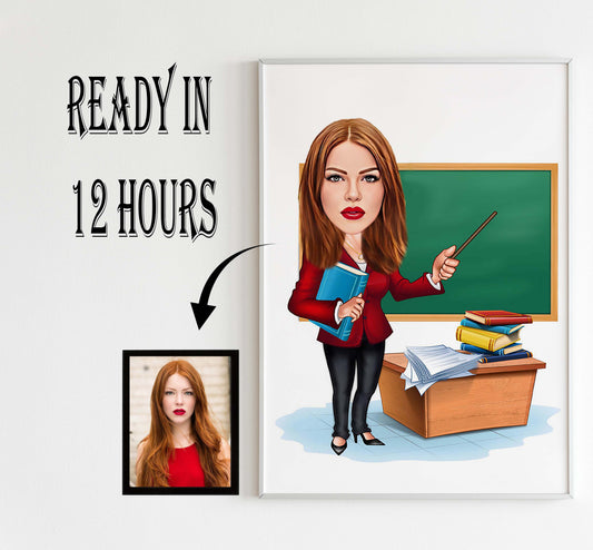 Teacher Gift: Funny Teacher Caricature, Personalized Female Teacher Cartoon, Teacher Portrait, Female Teacher Caricature from Photo