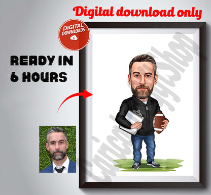 American Football Trainer Coach Gift, Caricature Portrait from Photo, American Football Coach Gift, Rugby Coach Custom Photo Gift From Team