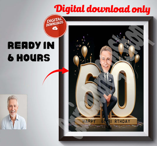 Personalized 60th Birthday Caricature from Photos, Happy Birthday Cartoon Portrait Gift, Happy 60th Birthday, Caricature from photo