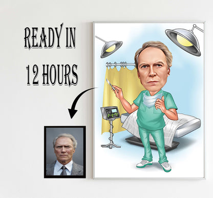 Custom Surgeon Cartoon Portrait, Surgeon Caricature, Gift for Male Surgeon, Funny Surgeon Caricature from Photo, Surgeon Office Wall Art