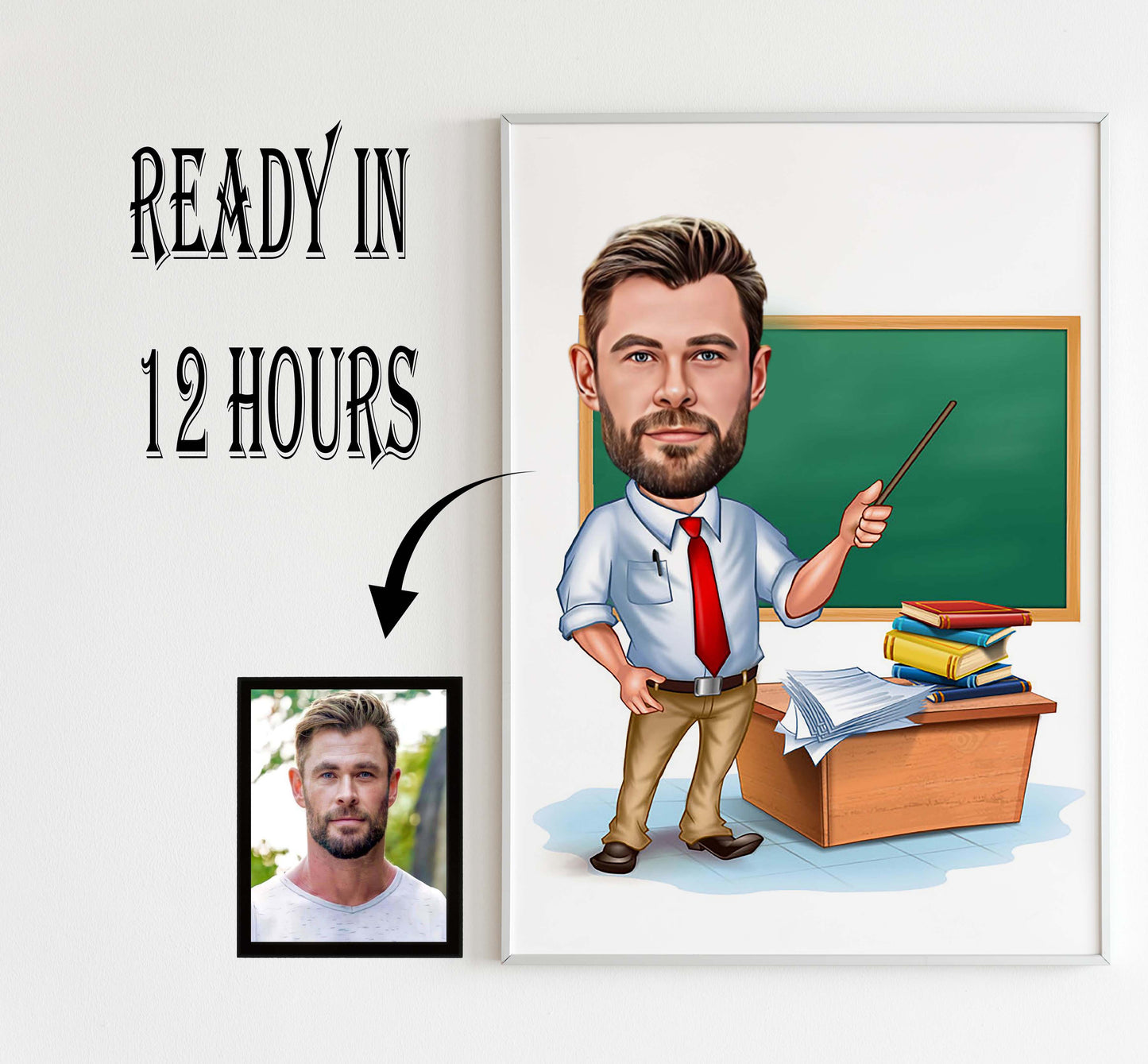Personalized Teacher Caricature: Handmade Teacher Art, Personalized Teacher Portrait Illustration, Special Present for Him, Bright Custom Cartoon
