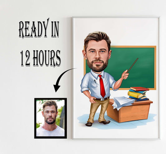 Personalized Teacher Caricature: Handmade Teacher Art, Personalized Teacher Portrait Illustration, Special Present for Him, Bright Custom Cartoon