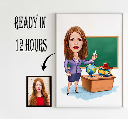 Female Teacher Caricature from Photo, Funny Teacher Caricature, Personalized Female Teacher Cartoon, and Teacher Portrait