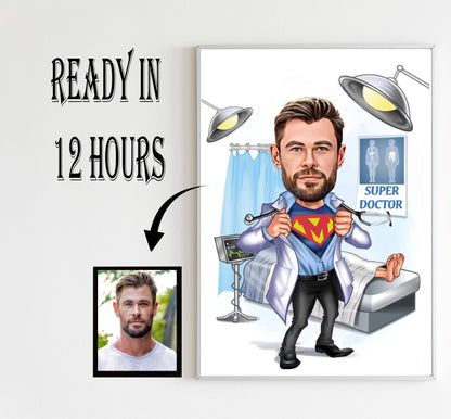 Custom Super Surgeon Cartoon Portrait, Gift for Surgeon, Funny Surgeon Caricature