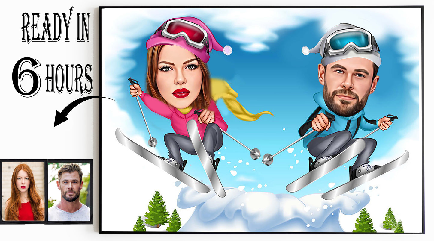 Skiing Caricature for Couple in Vegas, Wedding Cartoon, Gift for Couple, Wedding Caricature from Photo, Las Vegas Wedding Caricature, Vegas
