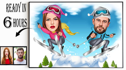 Skiing Caricature for Couple in Vegas, Wedding Cartoon, Gift for Couple, Wedding Caricature from Photo, Las Vegas Wedding Caricature, Vegas